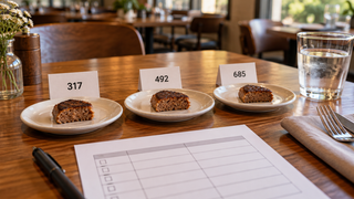 AI-generated illustration of coded food portions, water and a response sheet at a restaurant table.