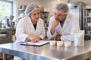 AI-generated illustration of two food technologists reviewing a trial checklist beside closed food sample pots in a hypothetical application kitchen.