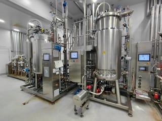 Stainless-steel bioreactor and tangential-flow filtration equipment in a veterinary vaccine facility.