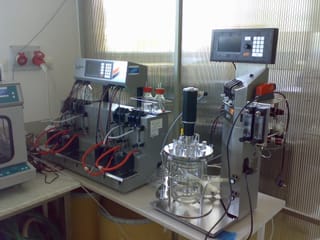 Laboratory fermenters with connected pumps, tubing and control units.