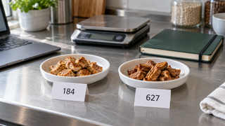 AI-generated illustration of two coded food samples beside scales and a notebook.