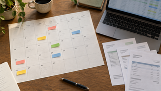 AI-generated illustration of scheduled commitments on a paper calendar beside invoice-like sheets and a laptop.