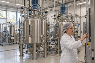 AI-generated illustration of an engineer at a control panel beside stainless-steel stirred-tank bioreactors in a hypothetical precision-fermentation pilot facility.