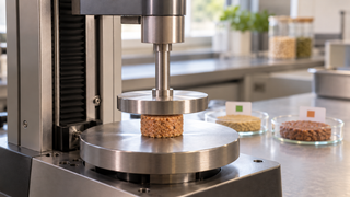AI-generated illustration of a wide flat compression plate over a solid plant-based food specimen on a rigid support.